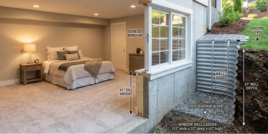Legal egress window installed in a basement bedroom for emergency escape and building code compliance.