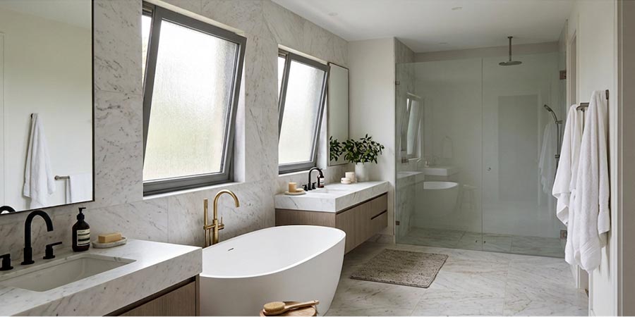 Bathroom window providing ventilation alongside an exhaust fan