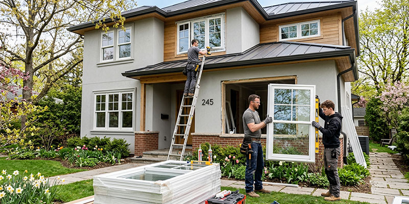 Contractors installing replacement windows on a residential home during spring
