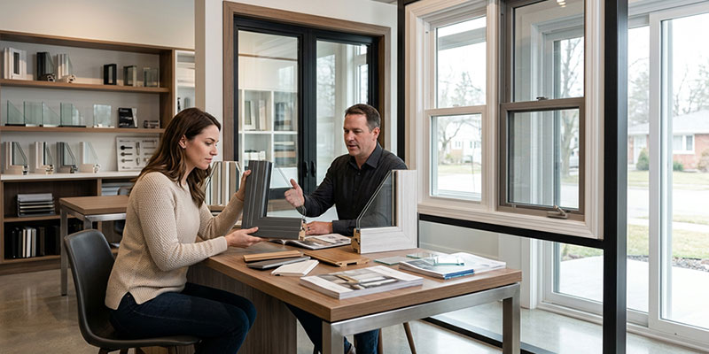 Homeowner comparing replacement window options during a consultation