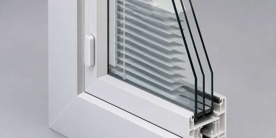 Cross-section view of a window with built-in blinds