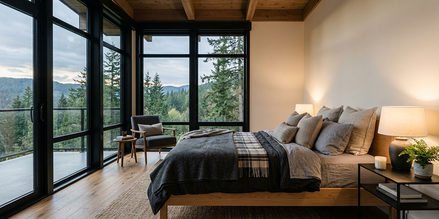 Black-framed bedroom windows