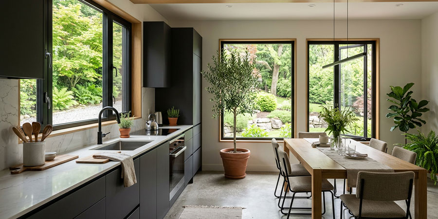 Black-framed kitchen windows