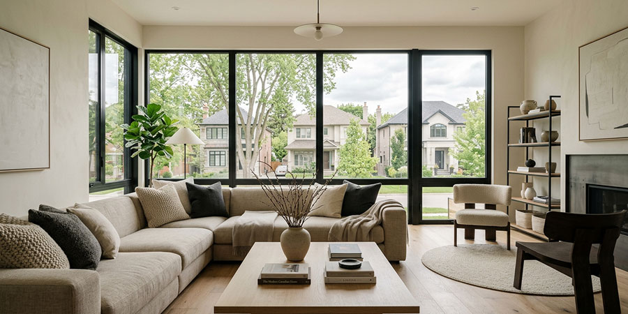 Black-framed living room windows