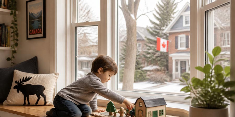 Young child climbing onto an interior windowsill, highlighting the need to balance ventilation, emergency egress, and child safety around windows.