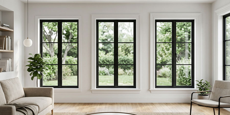 Different interior window trim styles displayed in a modern residential setting