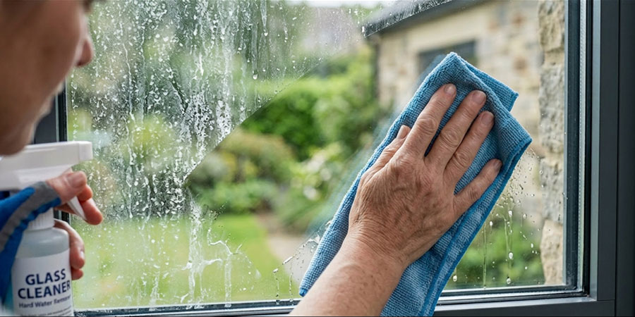 Cleaning hard water stains from a glass window with a microfiber cloth and spray solution