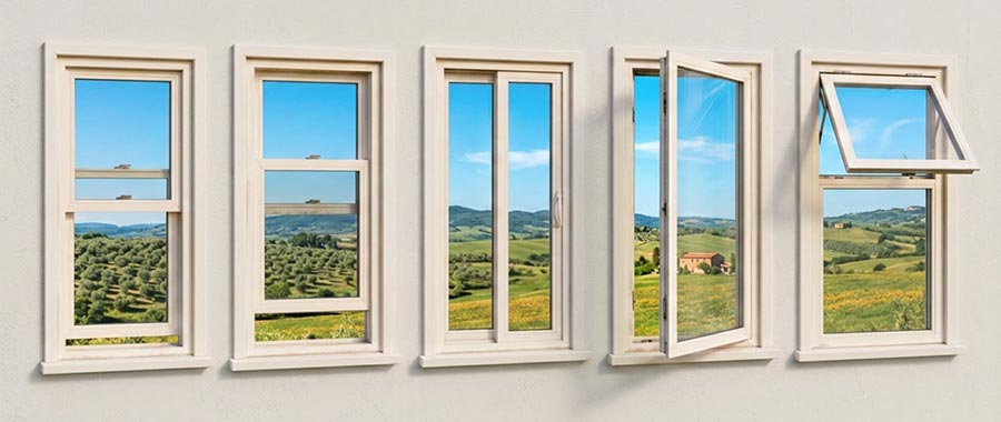 Various types of energy-efficient windows displayed in a showroom