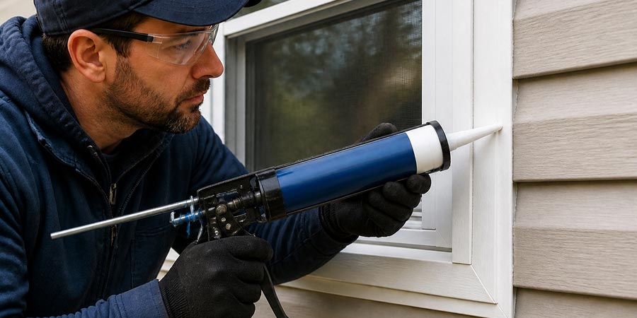 Technician applying exterior caulking around a vinyl window frame to help prevent water leaks.