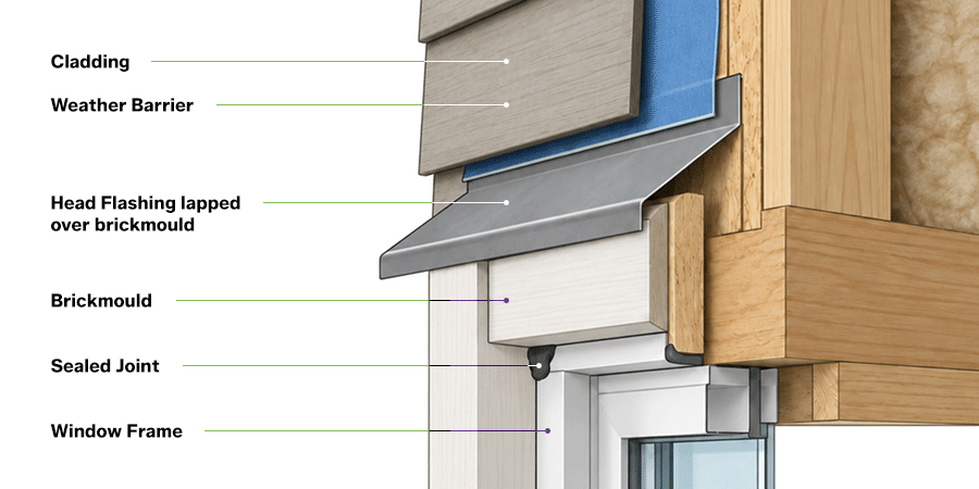 Cross-section of exterior window trim showing head flashing, brickmould, sealed joint and sill support