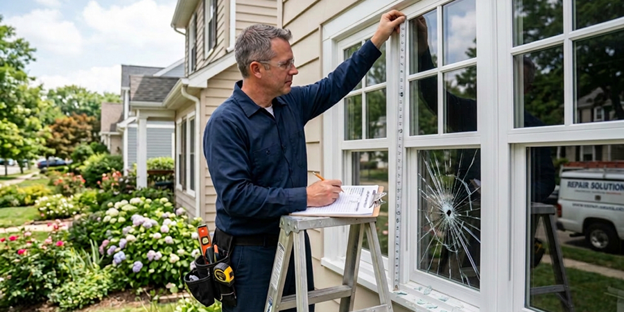 Technician measuring a residential window to determine the cost of glass repair and replacement
