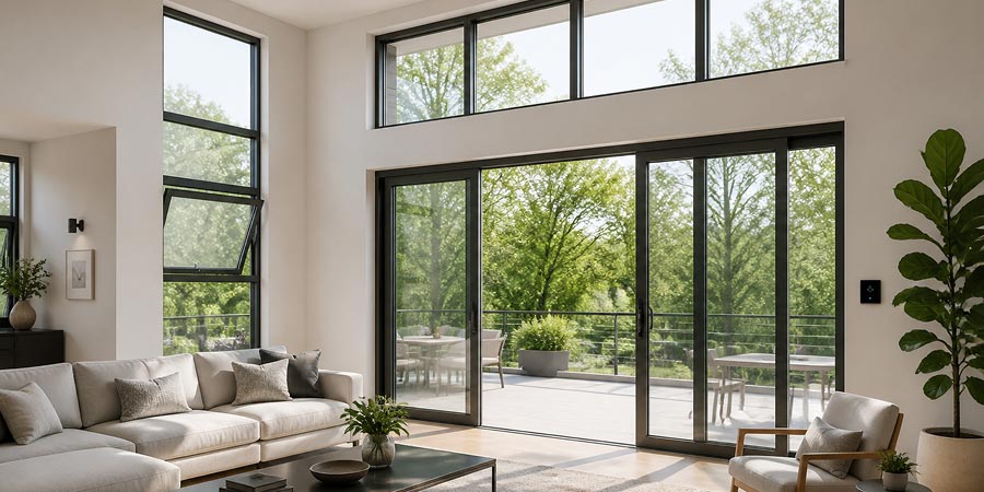 Modern energy-efficient windows maximizing natural light and ventilation in a residential living space.