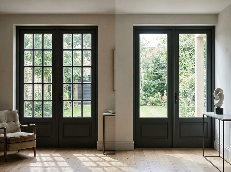 French pane windows with divided glass panes creating a classic grid pattern