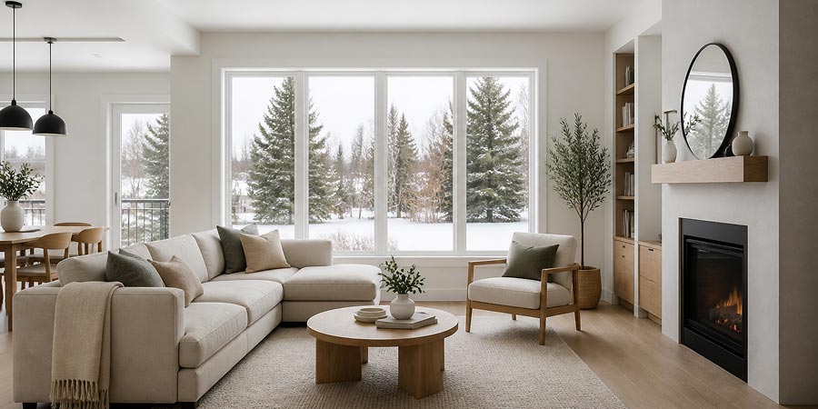 Furniture arrangement and window treatments around a large front window in a modern Canadian home