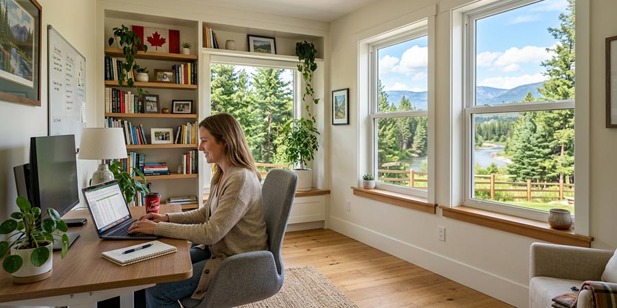 Open home office window providing natural ventilation and daylight