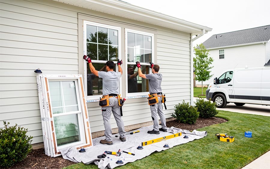 Professional installers replacing windows in a house during a scheduled home renovation