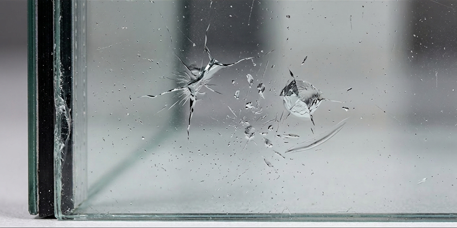 Close-up of a failed insulated glass unit showing micro-damages and moisture infiltration that can affect the cost of home glass repair