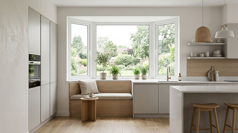 Modern kitchen interior with bay windows