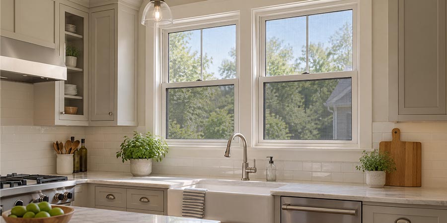 Kitchen double-hung window with screens installed