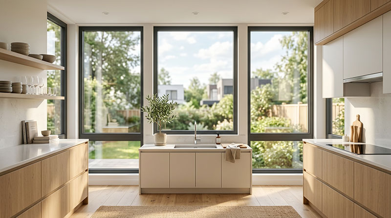 Modern kitchen interior with large windows and natural daylight