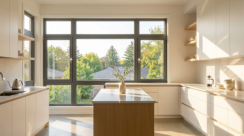 Bright kitchen with large windows enhancing natural light and energy efficiency