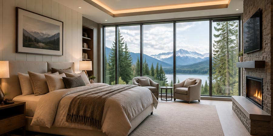 Large bedroom windows providing natural light and outdoor views