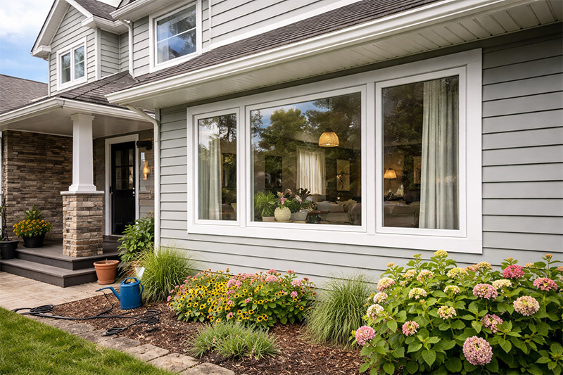 Modern house exterior with large windows and natural daylight