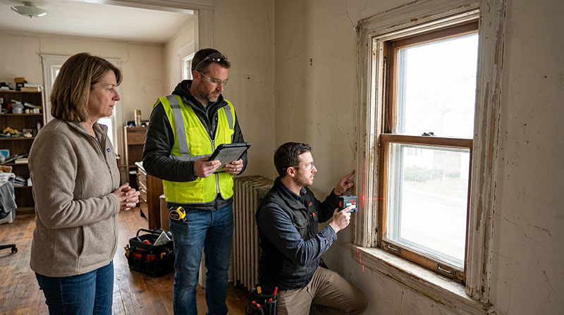 Professional measuring window frame compared to DIY window measurement in a Canadian home