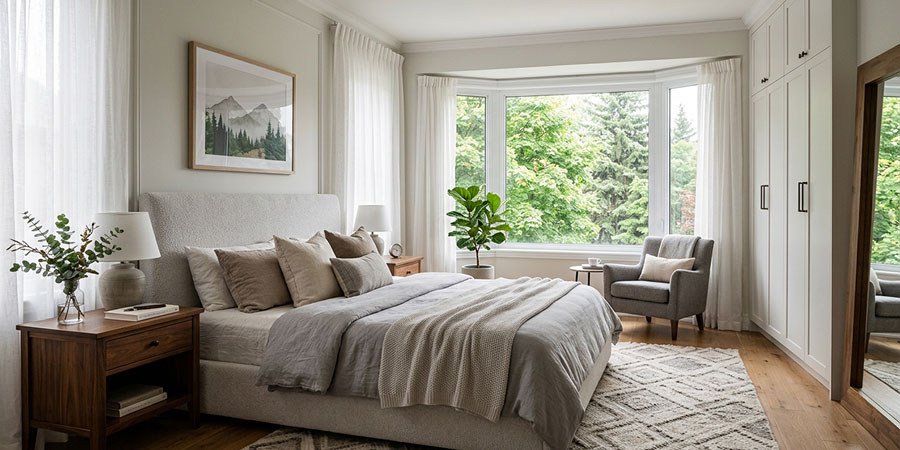 Modern bedroom with bay windows