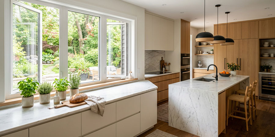 Modern kitchen with large casement windows