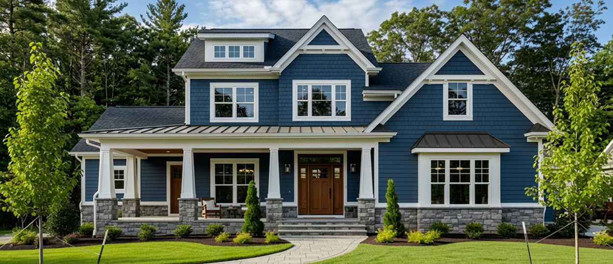 Modern two-story residential house exterior with large windows and landscaped front yard
