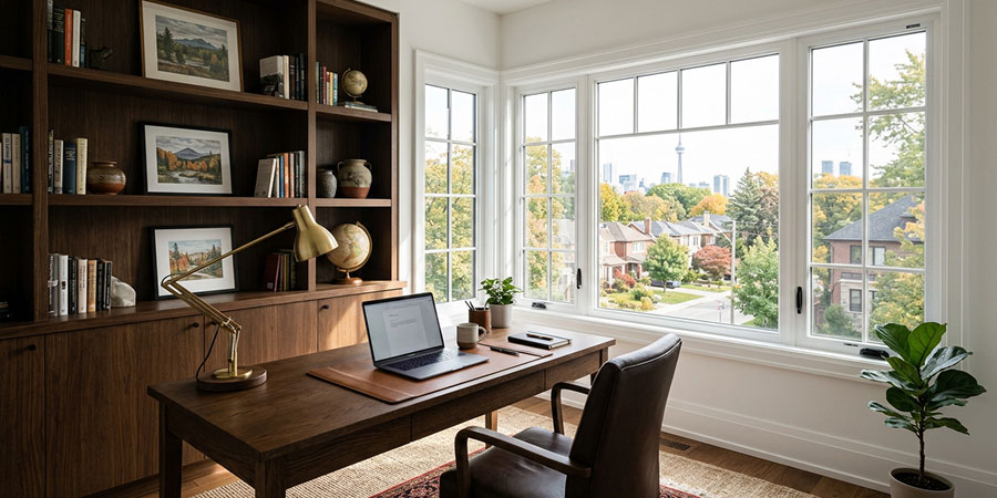 Modern working room with large styled windows