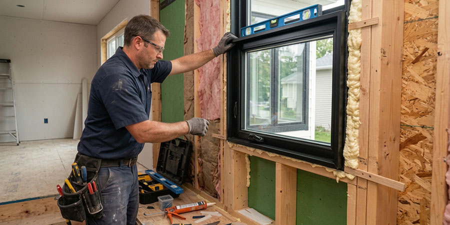 Contractor installing a window in a residential home