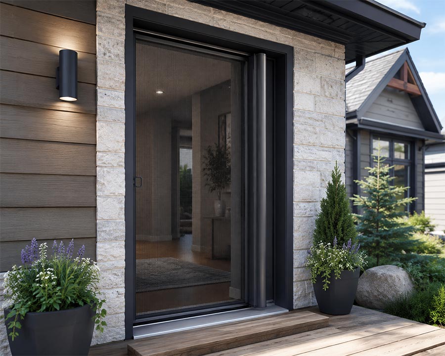 Retractable screen door installed on a home's front entrance, illustrating a premium custom-fit screen system.