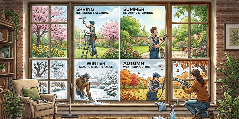 Different seasonal effects on windows, including condensation, heat expansion, and maintenance checks