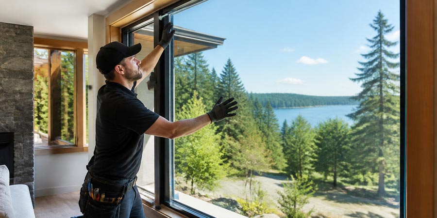 Technician installing a smart glass window.