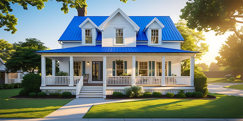 Two-story suburban house with blue roof and multiple windows in a landscaped neighbourhood setting