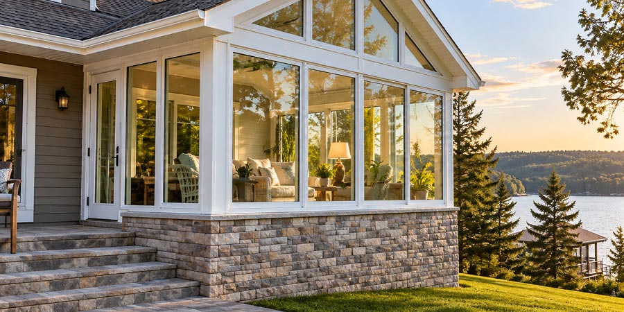 Sunroom windows with solar heat control to reduce summer overheating