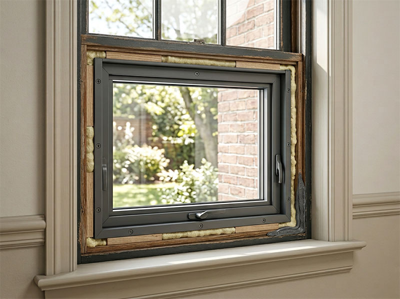 Retrofit window installation showing new window unit set inside existing frame with shims and foam insulation