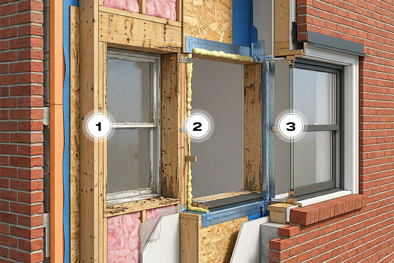 Brick-to-brick window installation showing existing frame removed and rough opening exposed with flashing installed
