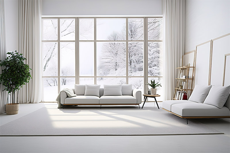 Modern white house with large energy-efficient windows suitable for cold climates
