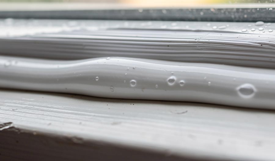 Close-up of a freshly applied caulk bead on a window frame during the curing process