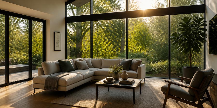 Sunlight entering a modern home through large windows, demonstrating how window orientation influences heating and cooling costs year-round.