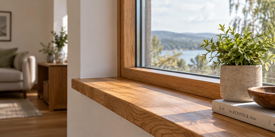 Close-up of a wooden window sill showing signs of wear and rot